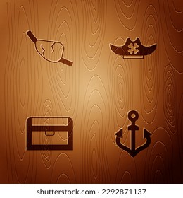 Set Anchor, Pirate eye patch, Antique treasure chest and hat on wooden background. Vector