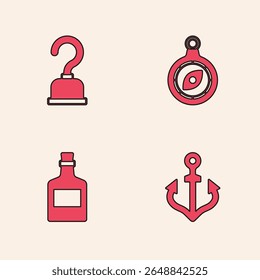 Set Anchor, Pirate hook, Compass and Alcohol drink Rum icon. Vector