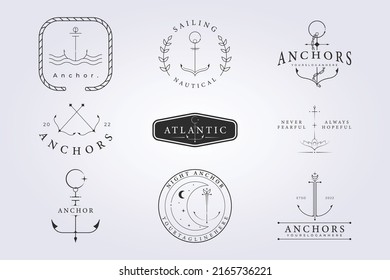 conjunto de ancla de las insignias de marinero diseño de ilustración vectorial para logotipo, impresión, ropa, camisa, icono, etiqueta. varios conjuntos de colección onda océano pirata icono náutico con arte de línea y estilo tatuaje