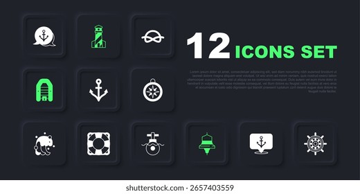 Set Anchor, Ship steering wheel, bell, Inflatable boat with motor, Lifebuoy, Lighthouse and Submarine icon. Vector