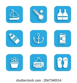 Set Anchor, Signboard with text Hotel, Flip flops, Soda can, Ice bucket, Bottle of water, Life jacket and Yacht sailboat icon. Vector