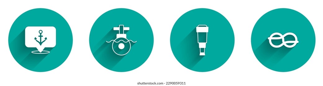 Fijar un icono de ángel, submarino, lente de telescopio Spyglass y nudos de cuerda náutica con sombra larga. Vector