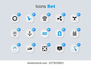 Set Anchor, Whale, Yacht sailboat, Crossed oars paddles, Striped sailor t-shirt, Ship porthole and Nautical rope knots icon. Vector