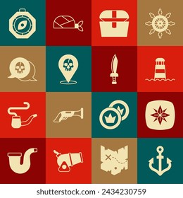 Set Anchor, Wind rose, Lighthouse, Antique treasure chest, Location pirate, Skull, Compass and Pirate sword icon. Vector