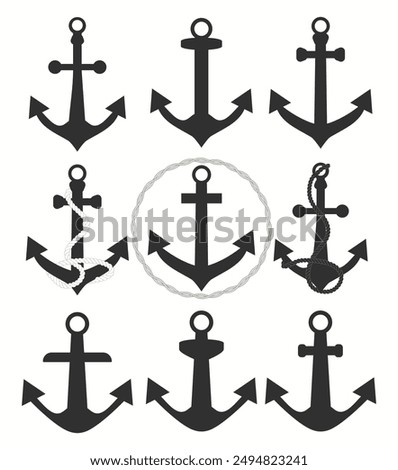 Set anchors icon. Various shapes of anchors. Set of black anchor icons. Anchor silhouette. Vector illustration.