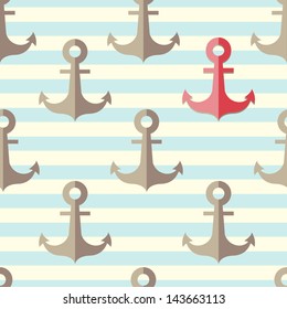 Set of anchors with a lonely red anchor on a striped background.