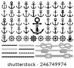 Set of anchors, rudders icons, and ropes. Vector illustration.