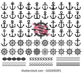 Set of anchors, rudders icons, and ropes. Vector illustration.