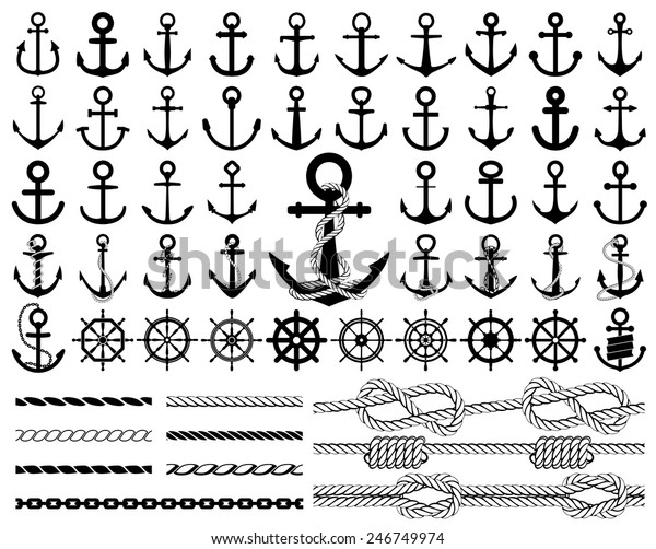 Set of anchors, rudders icons, and ropes.\
Vector illustration.