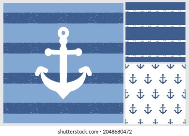 Set of anchors seamless patterns on white and blue backgrounds vector illustration.