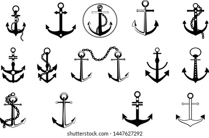 Set of Anchors. Anchors silhouette isolated on white background. VECTOR