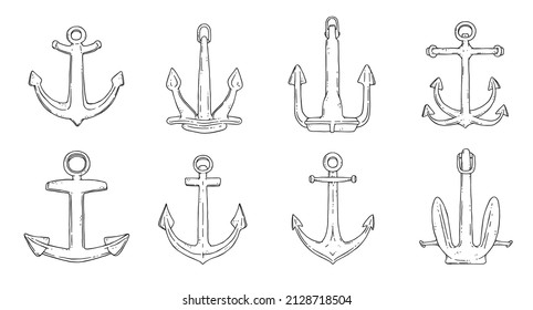 Set of anchors. Vector black white doodle sketch outline isolated illustration.