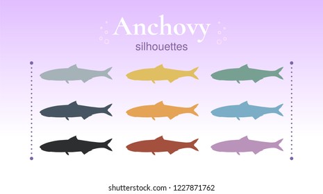 Set of anchovy silhouettes. Unique hand-drawn silhouettes of anchovy. Yellow, grey, blue, green, pink, orange, red, black. Vector. Isolated on background.