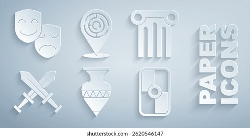 Set Ancient amphorae, column, Crossed medieval sword, Greek shield, Minotaur labyrinth and Comedy and tragedy masks icon. Vector