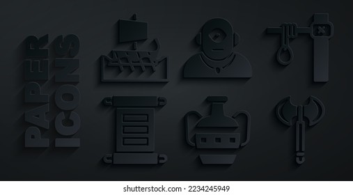Indique las ampollas antiguas, la horca, el decreto, el pergamino, el pergamino, el hacha medieval, el cíclope y el trío griego. Vector