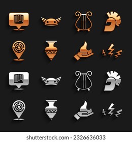 Set Ancient amphorae, Greek helmet, Zeus, Hand holding fire, Minotaur labyrinth, lyre, column and Helmet with wings icon. Vector