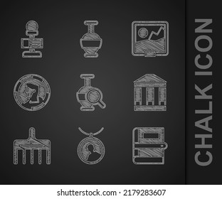 Set Ancient amphorae, Locket on necklace, Book, Museum building, Hairbrush, coin, Picture and Microphone icon. Vector