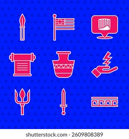 Set Ancient amphorae, Medieval sword, Greek pattern, Zeus, Neptune Trident, Decree, parchment, scroll, column and spear icon. Vector