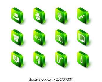 Set Ancient amphorae, Minotaur labyrinth, Olive and cheese on chopstick, column, Bottle of olive oil, Parthenon, Harp and Greek shield icon. Vector