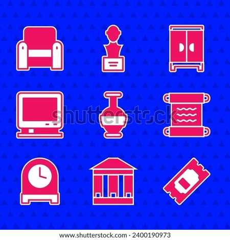 Set Ancient amphorae, Museum building, Cinema ticket, Papyrus scroll, Antique clock, Retro tv, Wardrobe and Armchair icon. Vector