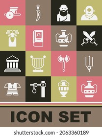 Colocar ánforas antiguas, Tridente de Neptuno, espada medieval cruzada, Sócrates, libro de historia griega, Medusa Gorgon, carruaje e ícono roto. Vector