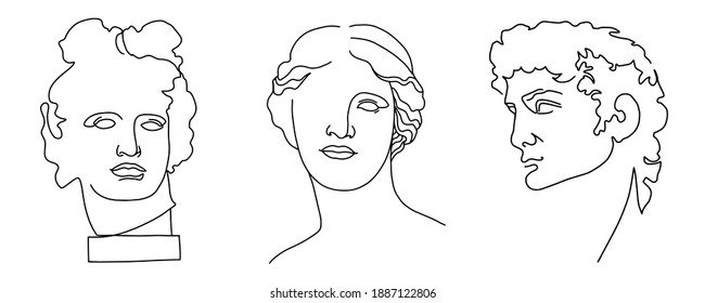 set ancient antique sculpture  Venus  Aphrodite  David  Apollo statue head  vintage black   white illustration  creative drawing