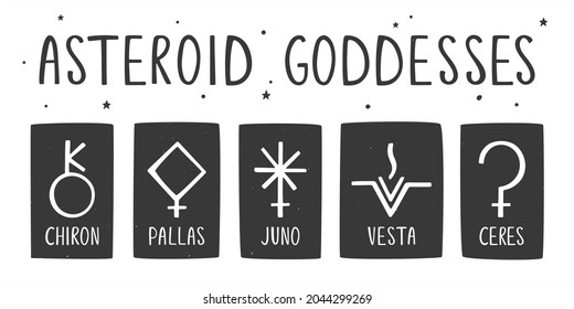 Set of ancient astrological, esoteric or alchemy symbols of the asteroid goddesses. Chiron, Pallas, Juno, Vesta and Ceres. Minimalistic caption icons. Vector hand drawn illustration