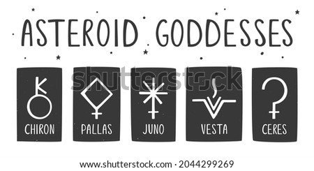 Set of ancient astrological, esoteric or alchemy symbols of the asteroid goddesses. Chiron, Pallas, Juno, Vesta and Ceres. Minimalistic caption icons. Vector hand drawn illustration