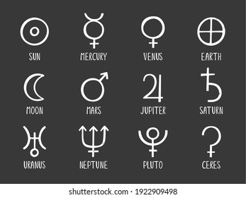 Set of ancient astrological symbols of the solar system planets. Sun, Mercury, Venus, Earth, Moon, Mars, Jupiter, Saturn, Uranus, Neptune, Pluto and Ceres. Vector hand drawn illustration