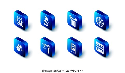 Set alte Büstenskulptur, Säule, Altes Holzrad, griechisches Muster, Geschichtsbuch, Galgen, Wagen und Ruinen Symbol. Vektorgrafik