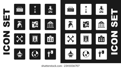 Set Ancient bust sculpture, Museum guide brochure, Roman army helmet, Exit sign, building, Human broken bone, Information and Crossed human bones icon. Vector