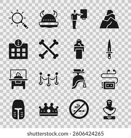 Set Ancient bust sculpture, Museum audio guide, Dagger, Crossed human bones, Information, Magnifying glass and Gives lecture icon. Vector