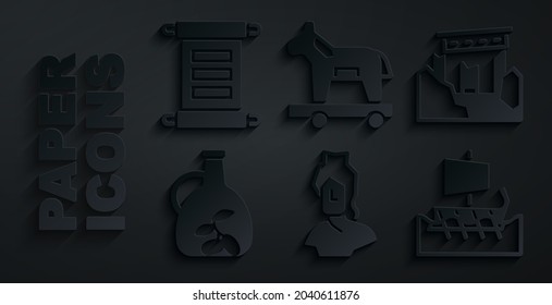 Set Ancient bust sculpture, ruins, Bottle of olive oil, Greek trireme, Trojan horse and Decree, parchment, scroll icon. Vector