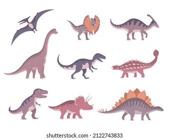 Set of ancient carnivorous and herbivorous dinosaurs. Pteranodon, tyrannosaurus, raptor, stegosaurus, triceratops. Extinct lizards of the Jurassic period. Vector isolated illustration