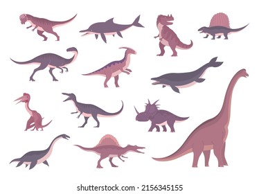 Set of ancient carnivorous, herbivorous dinosaurs. Pterosaur, mosasaurus, spinosaurus. Extinct lizards of the Jurassic period. Paleontology animals. Vector illustrations isolated on white background