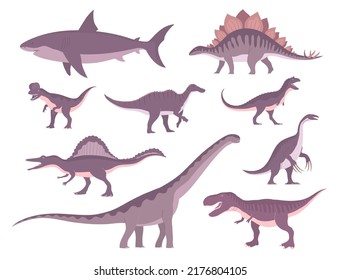 Set of ancient carnivorous and herbivorous dinosaurs. Stegosaurus, tyrannosaurus rex, megalodon and spinosaurus. Extinct lizard of the Jurassic period. Paleontology animals. Vector isolated illustrati