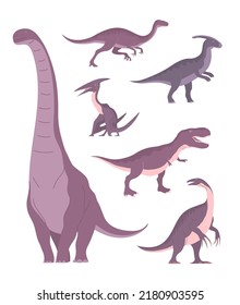 Set of ancient carnivorous and herbivorous dinosaurs. Sauropod, tyrannosaurus rex, therizinosaurus, pterosaur. Extinct lizard of the Jurassic period. Paleontology animals. Vector isolated illustration