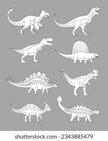 Set of ancient carnivorous and herbivorous dinosaurs. Trex, raptor, stegosaurus. Extinct lizards of the Jurassic period. Paleontology animals. Cartoon vector illustration. Black and white line