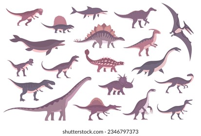 Set of ancient carnivorous and herbivorous dinosaurs. Stegosaurus, tyrannosaurus rex, pteranodon and spinosaurus. Extinct lizard Jurassic period. Paleontology animals. Vector isolated illustration