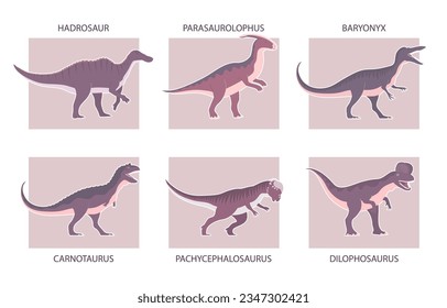 Set of ancient carnivorous and herbivorous dinosaurs. Carnotaurus, hadrosaur, baryonyx. Extinct lizard of the Jurassic period. Paleontology animals. Prehistoric dino. Vector illustration