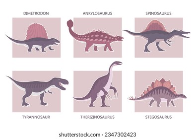 Set of ancient carnivorous and herbivorous dinosaurs. Stegosaurus, t rex, dimetrodon and spinosaurus. Extinct lizard of the Jurassic period. Prehistoric dino. Paleontology animals. Vector illustration