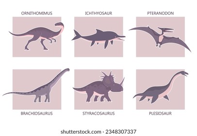 Set of ancient carnivorous and herbivorous dinosaurs. Brachiosaurus, plesiosaurus and pteranodon. Extinct lizard of the Jurassic period. Paleontology animals. Prehistoric dino. Vector illustration