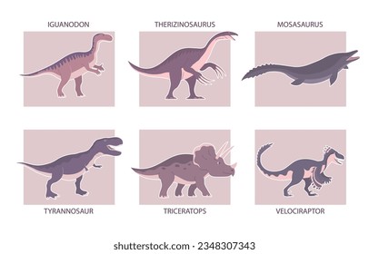 Set of ancient carnivorous and herbivorous dinosaurs. T rex, mosasaurus, raptor and triceratops. Extinct lizard of the Jurassic period. Paleontology animals. Prehistoric dino. Vector illustration