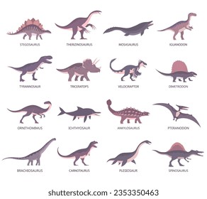 Set of ancient carnivorous and herbivorous dinosaurs. Brachiosaurus, t rex, stegosaurus and pteranodon. Extinct lizard of the Jurassic period. Prehistoric dino. Vector illustration