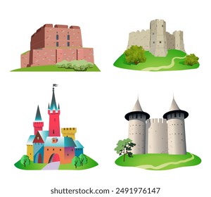 Set of ancient castles on white background. Vector art illustration