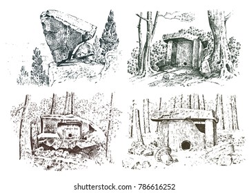 set ancient cave. prehistoric house of wood or stone rock with the remains of a man. forest landscape. habitat of pristine civilizations. close up. engraved hand drawn in old sketch, vintage style.
