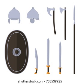 Set of ancient celtic weapon and protective equipment. Spear, sword, gladius, shield, axe, helmet. Warrior outfit Vector illustration