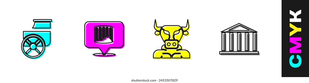 Set Ancient chariot, column, Minotaur and Parthenon icon. Vector