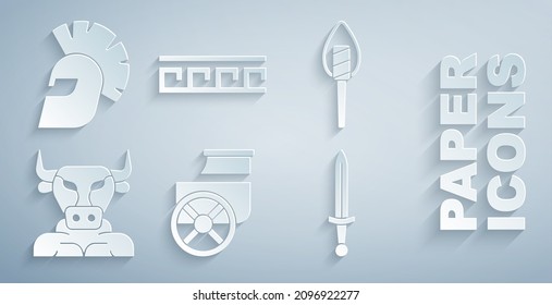 Set Ancient chariot, Torch flame, Minotaur, Medieval sword, Greek pattern and helmet icon. Vector