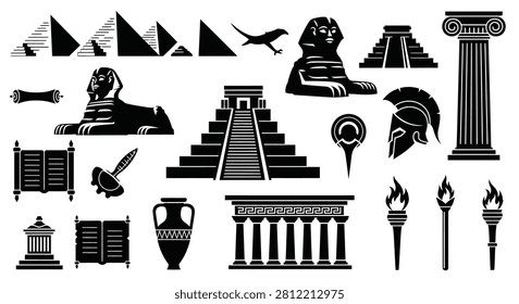 Set of ancient civilization black silhouette icons featuring Egyptian pyramids, Great Sphinx, Mayan temple, Greek Parthenon, Ionic column, Spartan helmet, amphora, and historical scrolls.